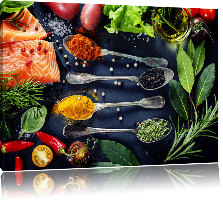 Pixxprint Feine Gewürze auf Löffeln, Leinwandbild