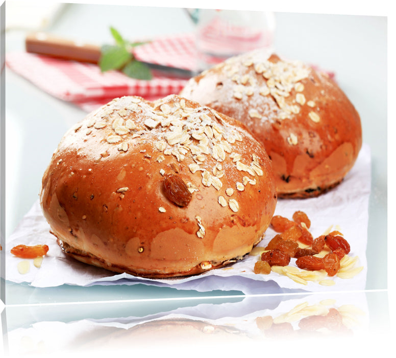 Pixxprint Süße Rosinenbrötchen, Leinwandbild