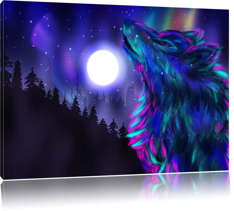 Pixxprint Abstrakter Wolf mit Mond, Leinwandbild