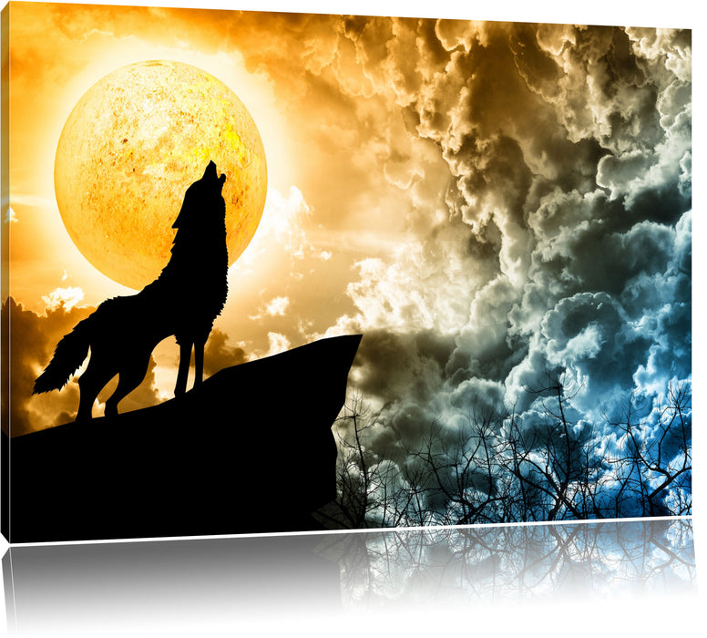 Pixxprint Wolf heult den Mond an, Leinwandbild