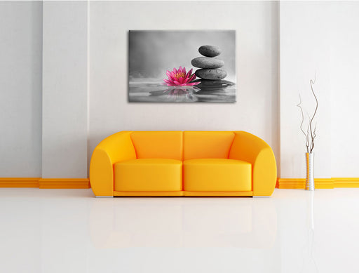 Seerosenblüte vor Zen Steinen Leinwandbild über Sofa