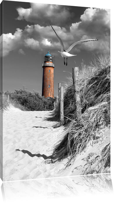 Leuchtturm mit Möwe an Strandweg Leinwandbild
