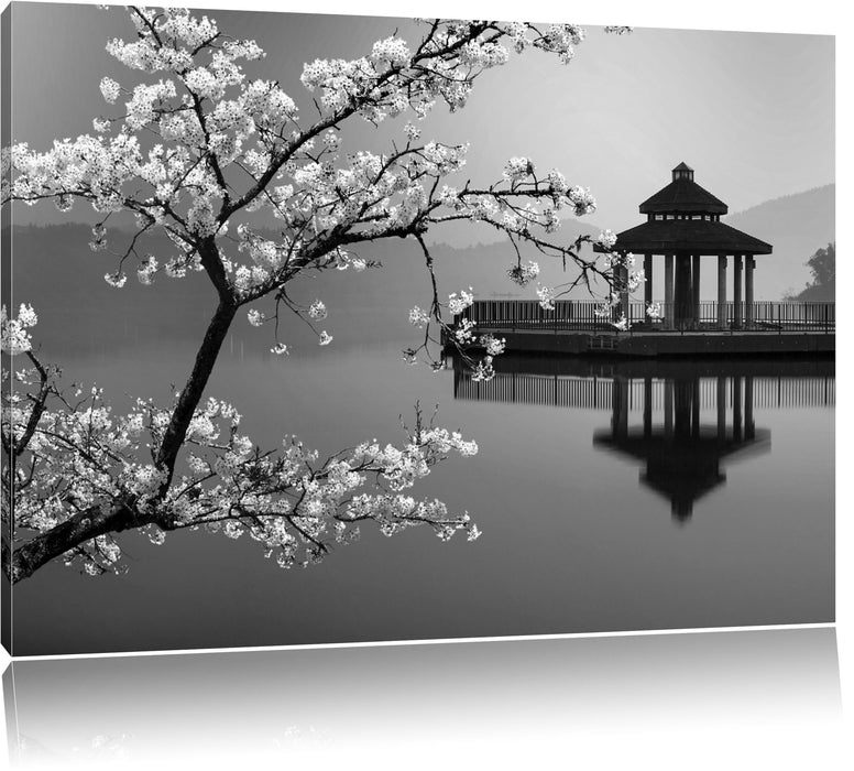 Pixxprint Kirschbaum an See B&W, Leinwandbild