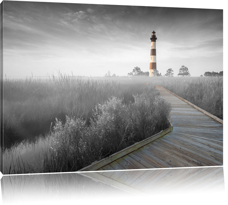 Pixxprint schöner Leuchtturm mit Steg, Leinwandbild