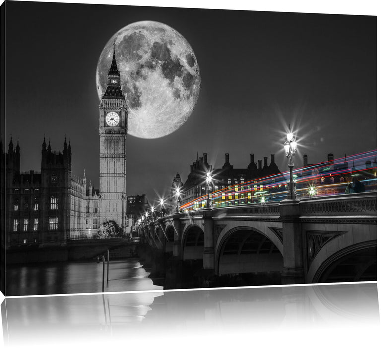 Pixxprint Big Ben mit Mond London, Leinwandbild