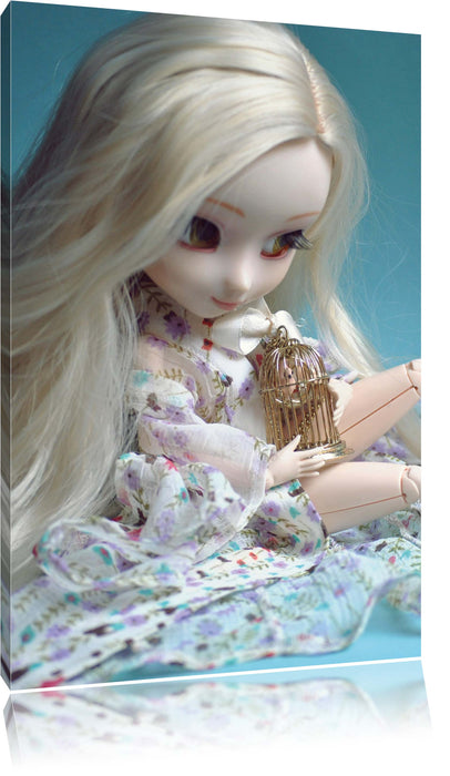 Pixxprint blonde Pullip-Puppe mit Vogelkäfig, Leinwandbild