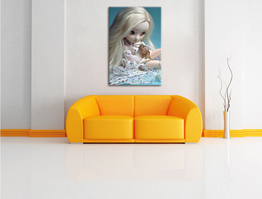 blonde Pullip-Puppe mit Vogelkäfig Leinwandbild über Sofa