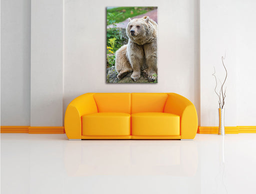 niedlicher Grizzlybär auf Stein Leinwandbild über Sofa