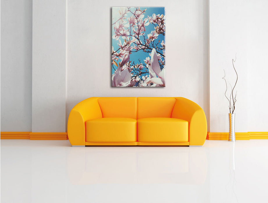 Zarte Rosa Magnolie Blüten Leinwandbild über Sofa