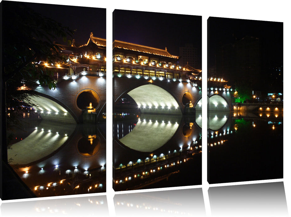 hellerleuchtete chinesische Brücke Leinwandbild 3 Teilig