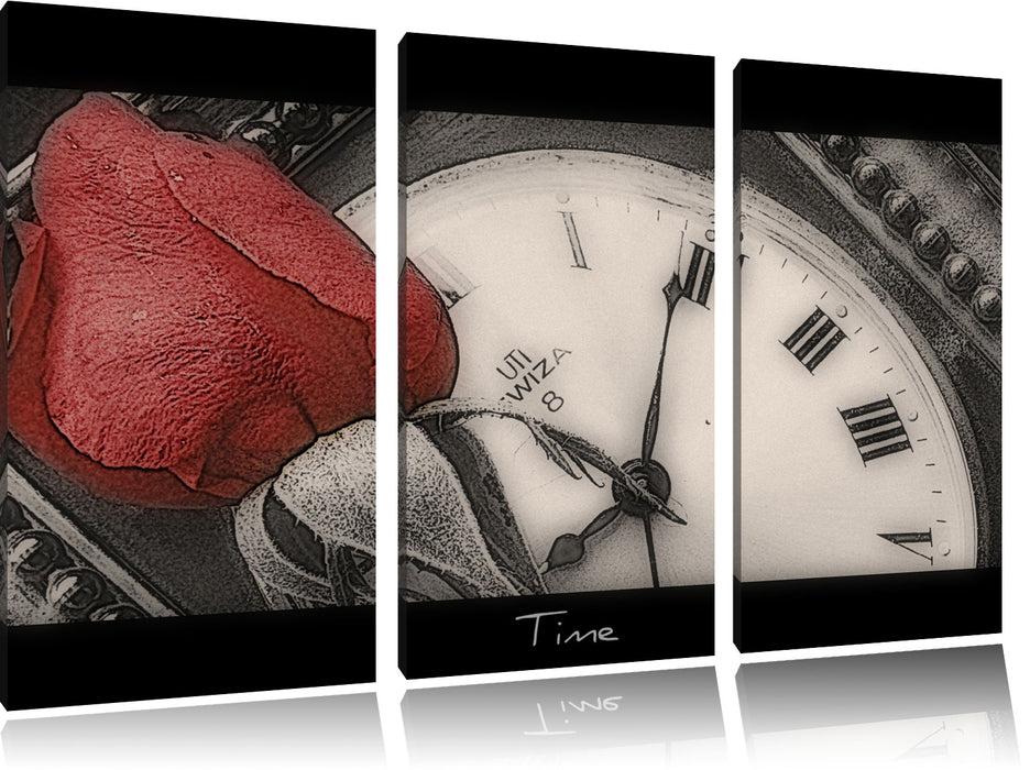 rote Rose auf alter Uhr Leinwandbild 3 Teilig