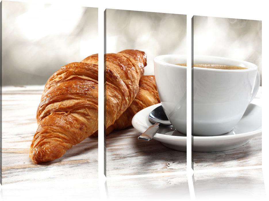 Frisches Croissant und Kaffee Leinwandbild 3 Teilig