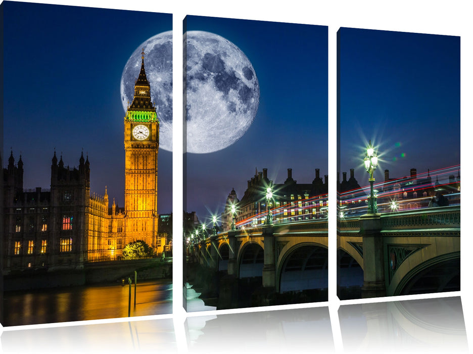 Big Ben vor Mond in London Leinwandbild 3 Teilig