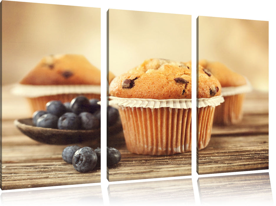 Muffins mit Blaubeeren Leinwandbild 3 Teilig