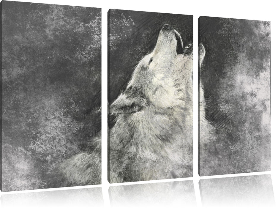 Heulender Wolf Kunst Leinwandbild 3 Teilig