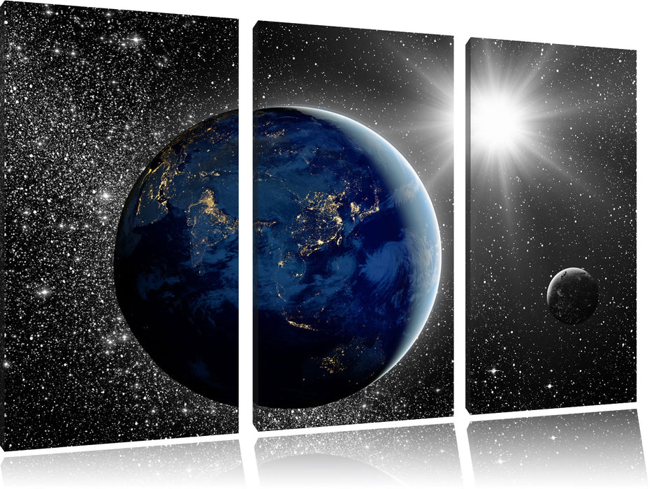 Erde mit Sonne im Weltall Leinwandbild 3 Teilig