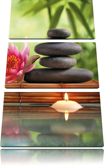 Seerose mit Zen Steinen und Kerzen Leinwandbild 3 Teilig