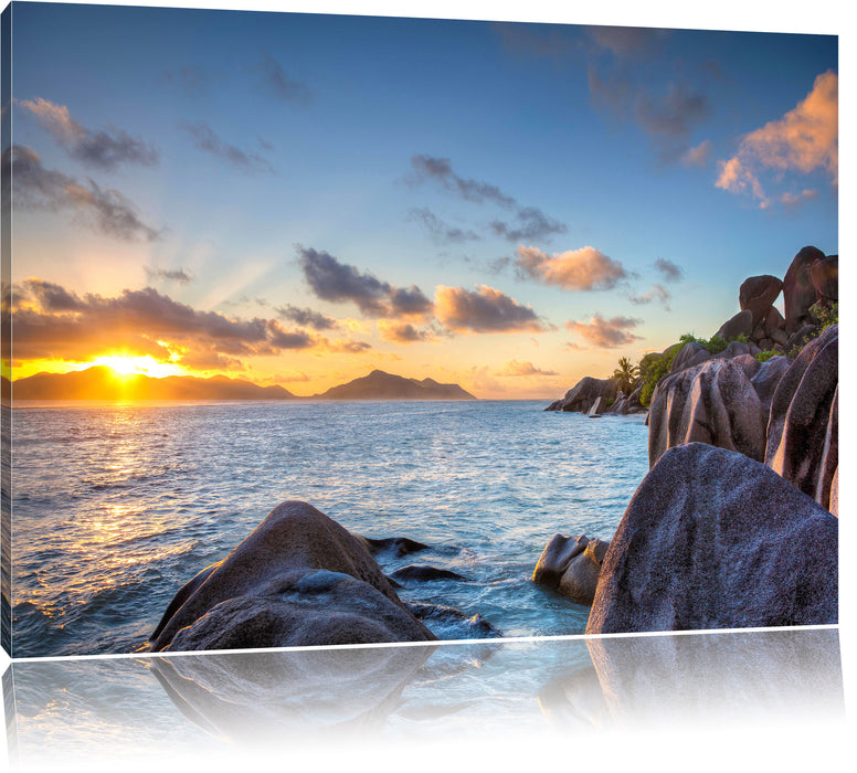 Pixxprint Sonnenuntergang Seychellen, Leinwandbild