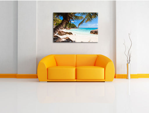 Palmenstrand Seychellen Leinwandbild über Sofa
