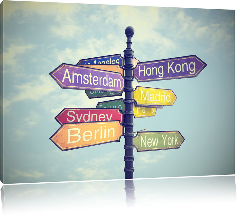 Pixxprint Städte Wegweiser, Leinwandbild
