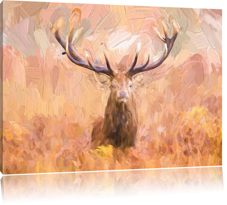 Pixxprint Großer Hirsch im Feld Kunst, Leinwandbild
