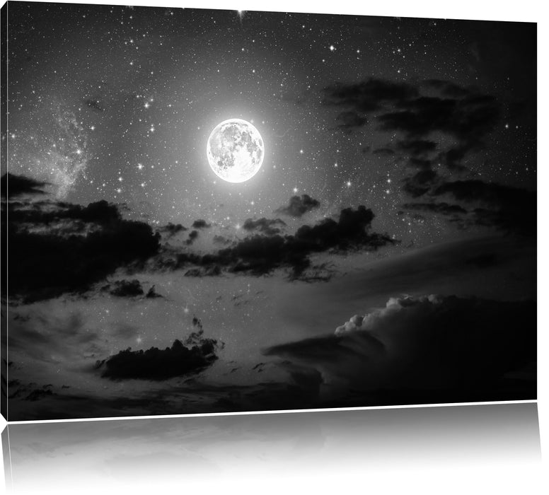 Pixxprint Leuchtender Mond am Nachthimmel B&W, Leinwandbild