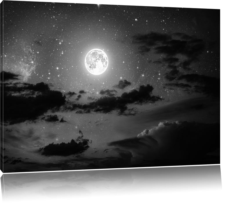 Leuchtender Mond am Nachthimmel B&W Leinwandbild