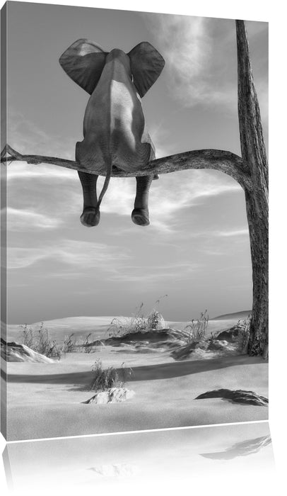 Pixxprint Elefant auf einem Ast in der Wüste B&W, Leinwandbild