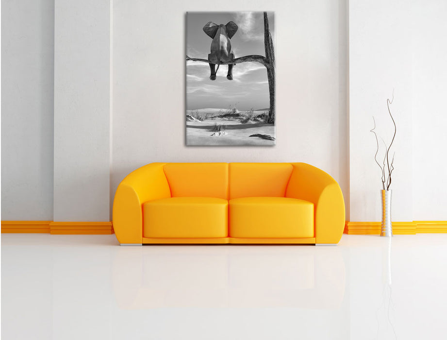 Elefant auf einem Ast in der Wüste B&W Leinwandbild über Sofa