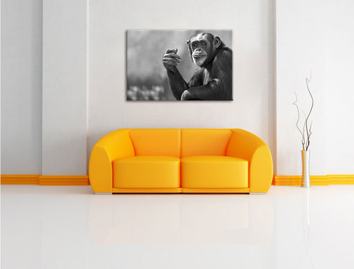 Aufmerksamer Schimpanse Kunst B&W Leinwandbild über Sofa