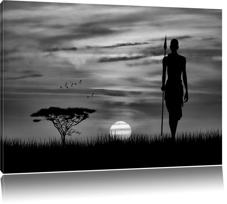 Pixxprint Roter Sonnenuntergang in Afrika B&W, Leinwandbild