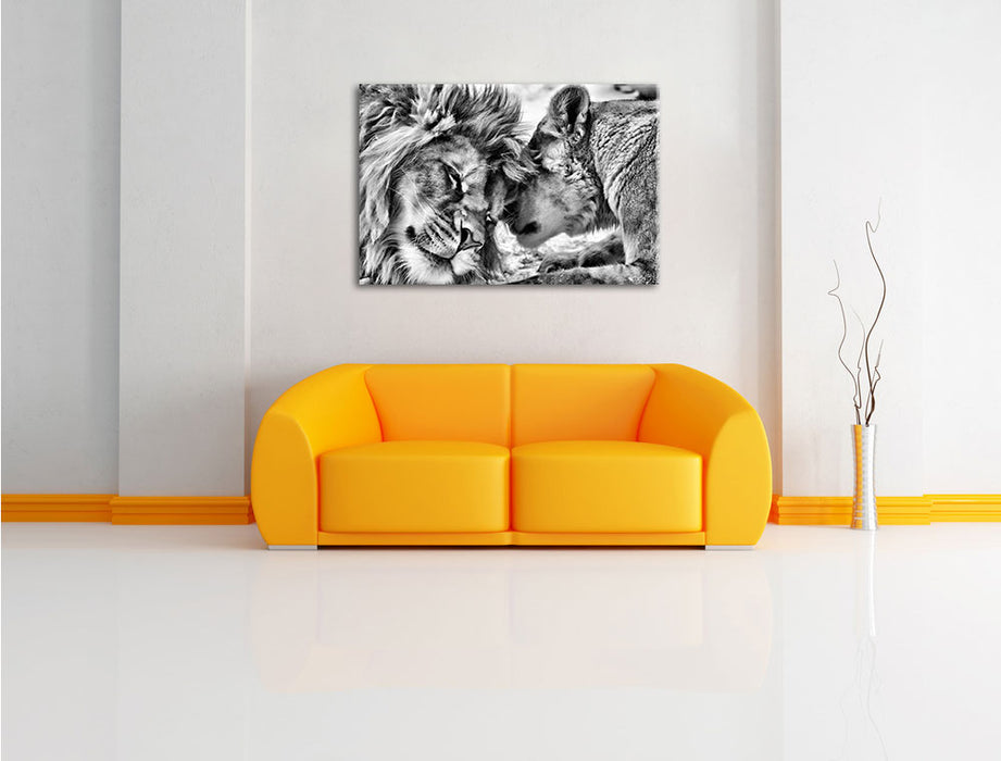 Kuschelnde Löwen B&W Leinwandbild über Sofa