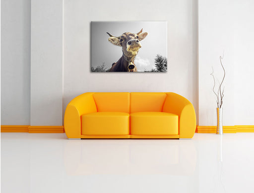 Lustiges Portrait einer Kuh B&W Leinwandbild über Sofa