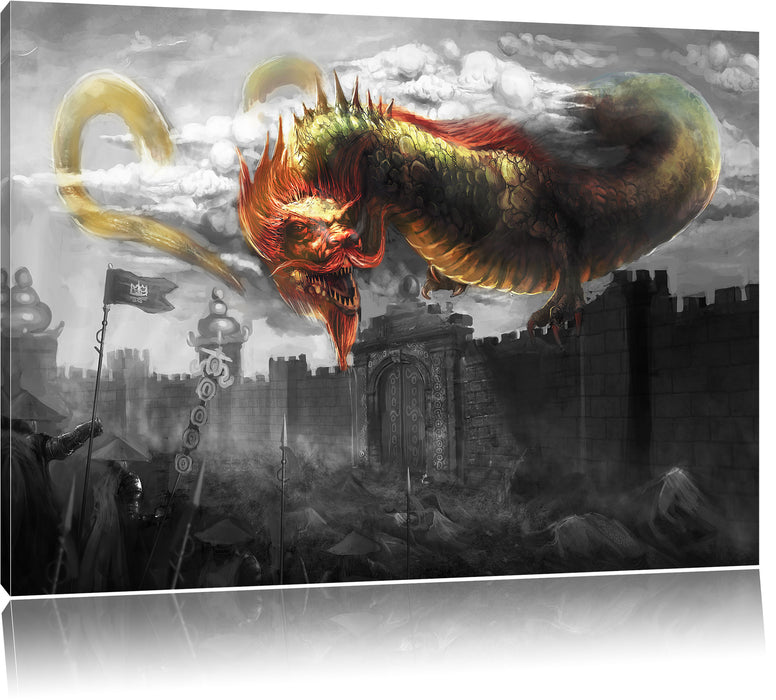 Pixxprint Drache über der Festung, Leinwandbild
