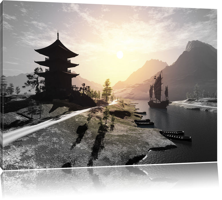 Pixxprint asiatischer Tempel an Fluss B&W, Leinwandbild