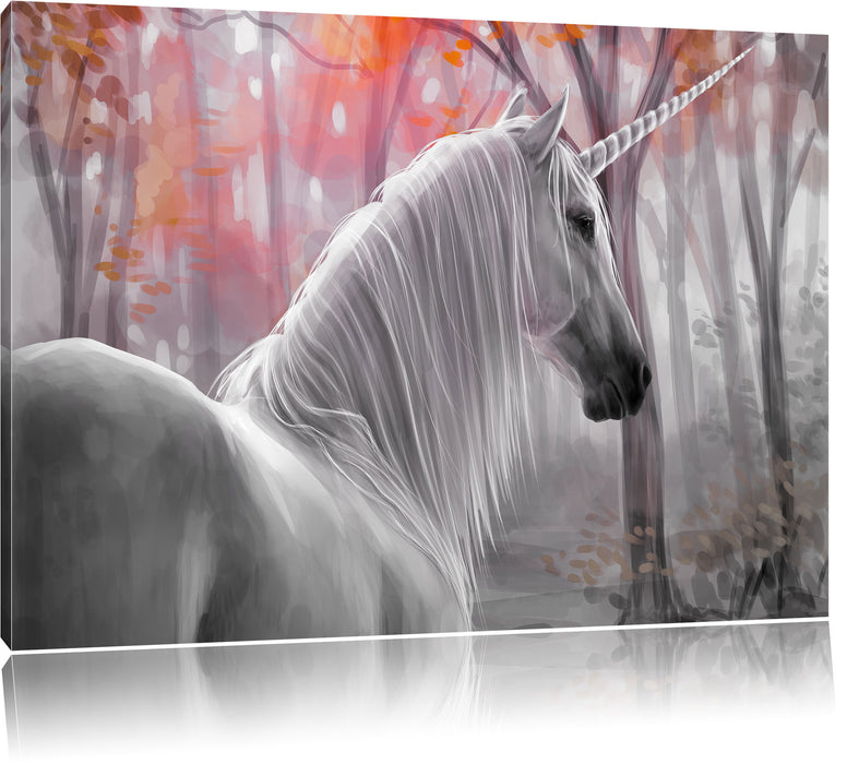 Pixxprint Einsames Einhorn im Wald, Leinwandbild