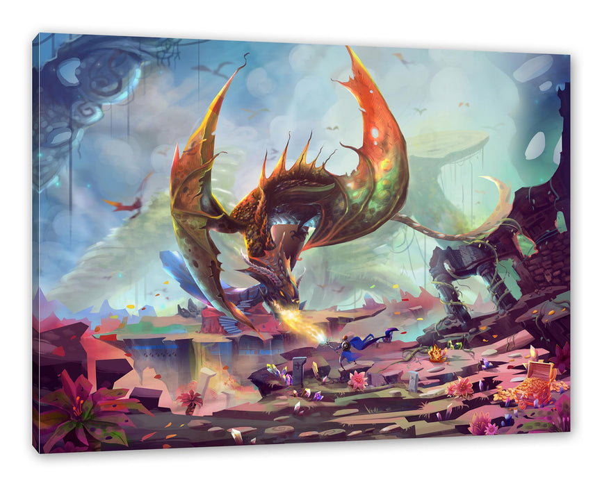 Pixxprint Kampf mit feuerspeiendem Drachen, Leinwandbild