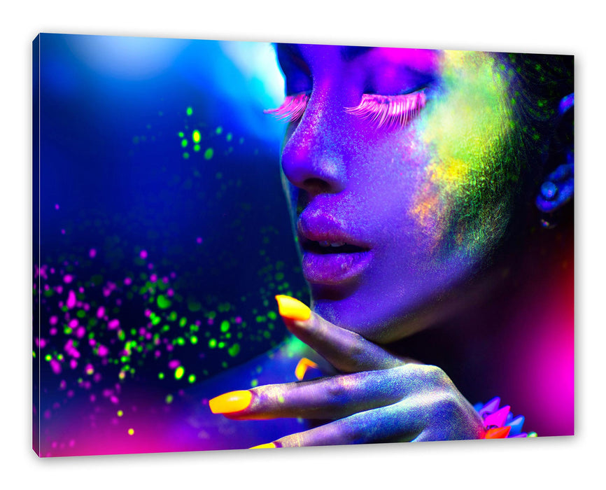 Pixxprint Frauengesicht bunte Neonlichter, Leinwandbild