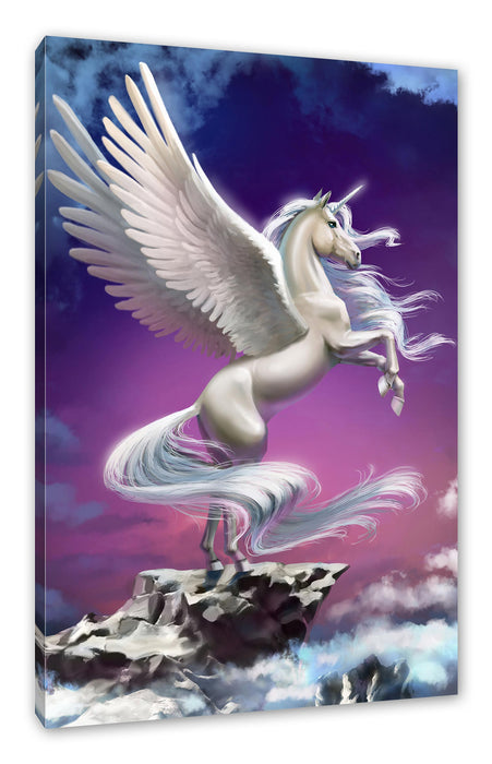 Pixxprint Geflügeltes Einhorn auf Felsen, Leinwandbild