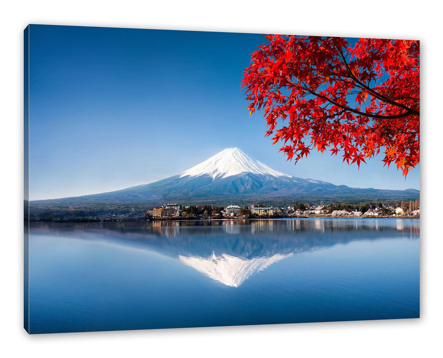 Pixxprint Berg Fujiyama mit herbstlich rotem Baum, Leinwandbild