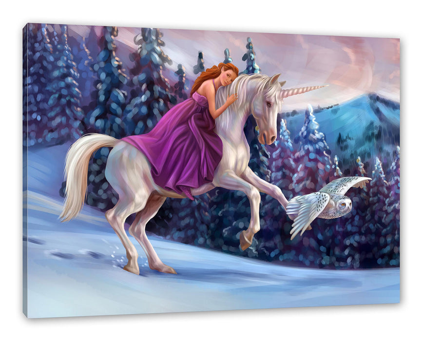 Pixxprint Mädchen reitet auf Einhorn im Winter, Leinwandbild