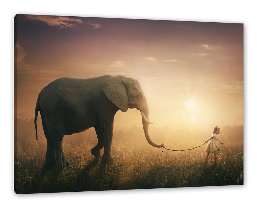 Pixxprint Kind und Elefant bei Sonnenuntergang, Leinwandbild