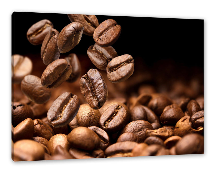 Pixxprint Nahaufnahme fallende Kaffeebohnen, Leinwandbild