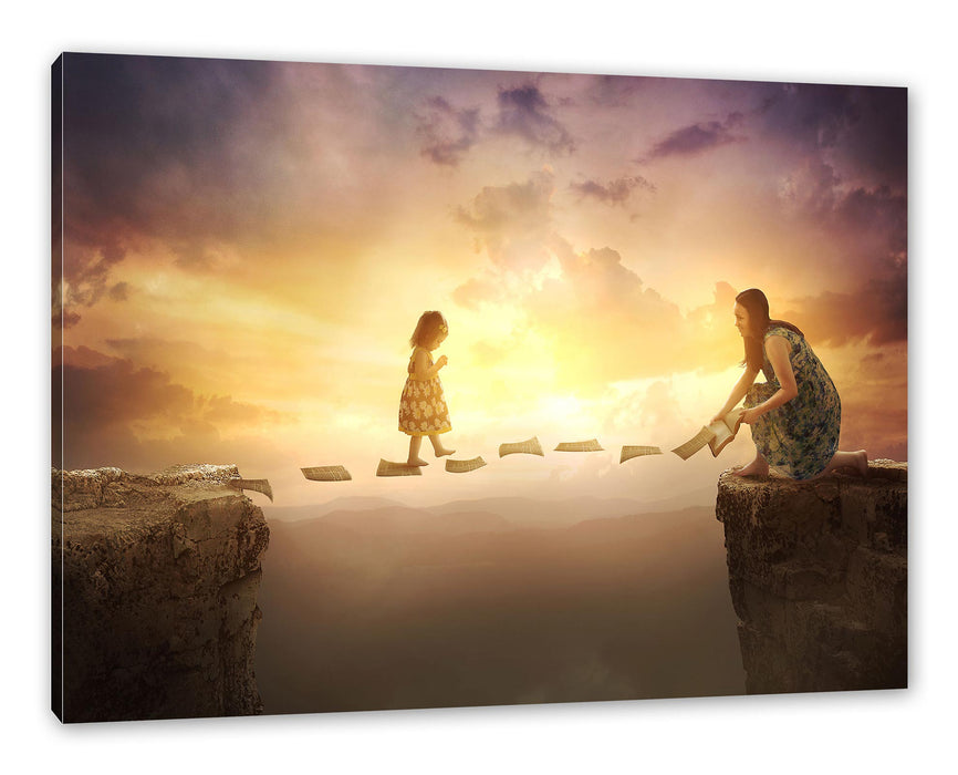 Pixxprint Kind läuft auf Papier über Abgrund, Leinwandbild