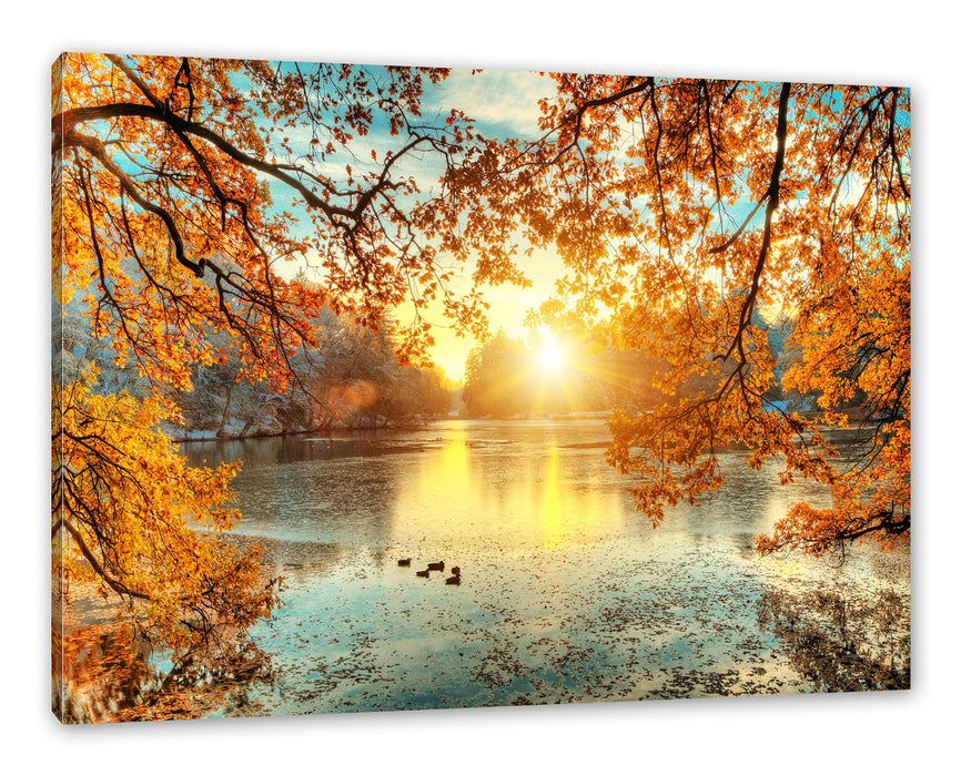 Pixxprint Herbstbäume um See bei Sonnenuntergang, Leinwandbild