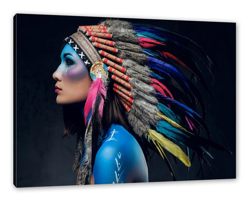 Frau mit buntem indianischen Kopfschmuck Leinwanbild Rechteckig
