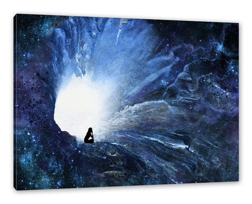 meditierende Frau vor Loch in Galaxie Leinwanbild Rechteckig
