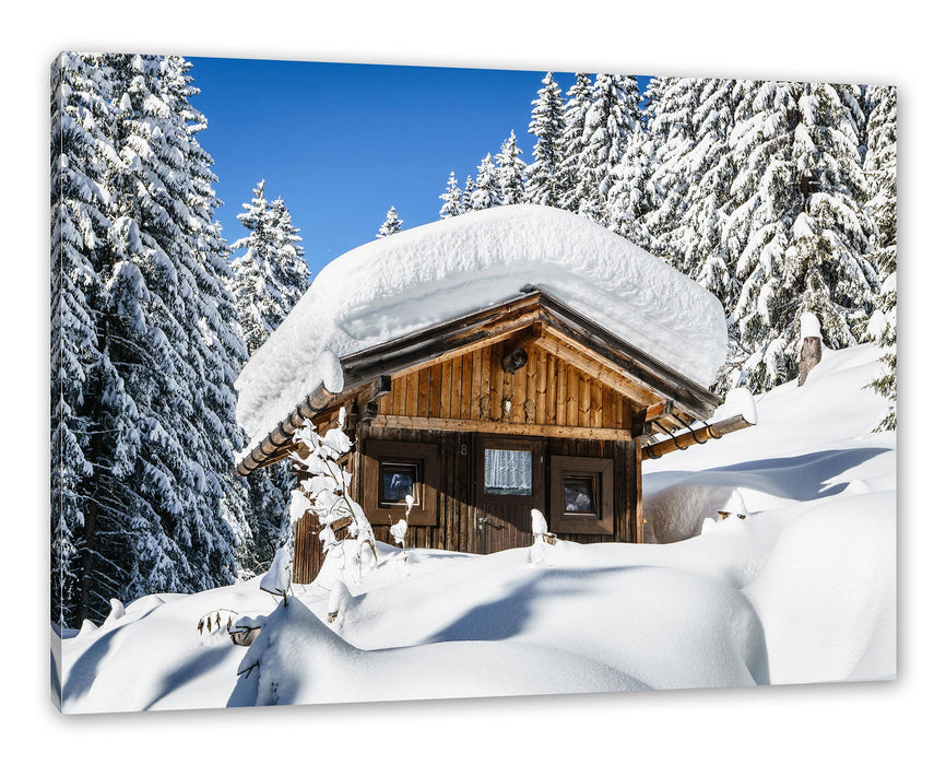 Pixxprint Verschneite Skihütte in Alpenwald, Leinwandbild