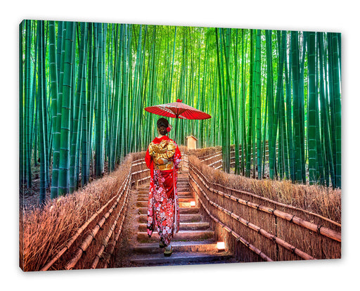Frau im janapischen Kimono im Bambuswald Leinwanbild Rechteckig