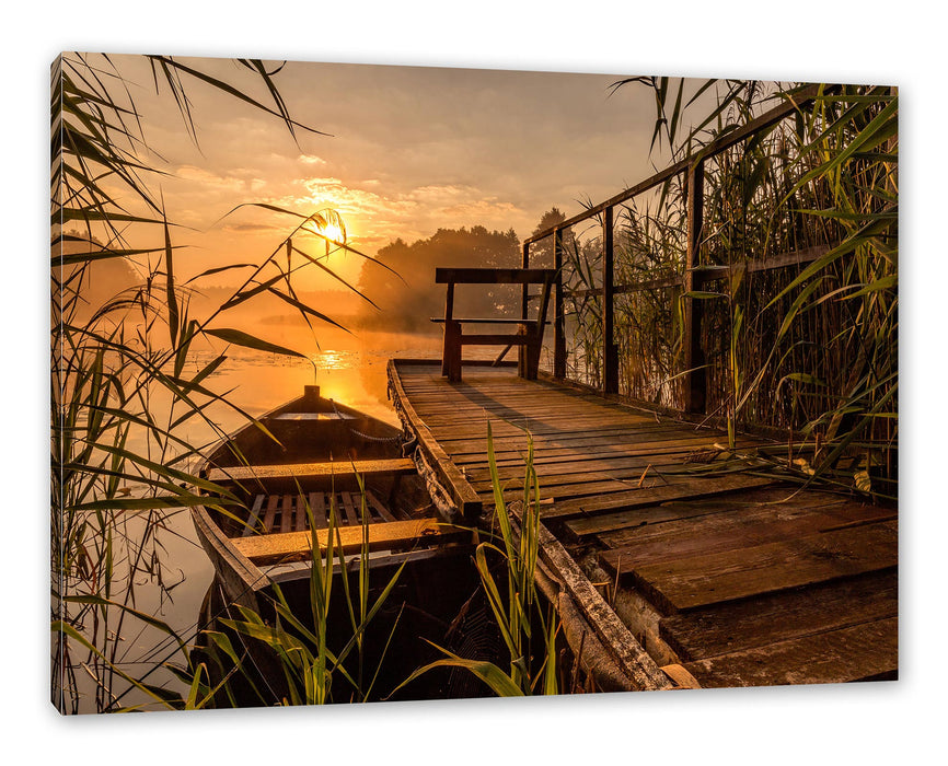 Pixxprint Bootssteg am See bei Sonnenuntergang, Leinwandbild